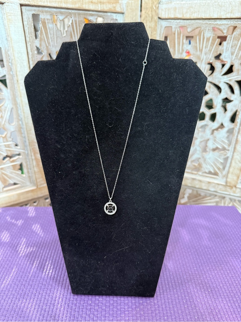 Michael Kors Silver Circle Pendant Necklace with Crystal Accent
